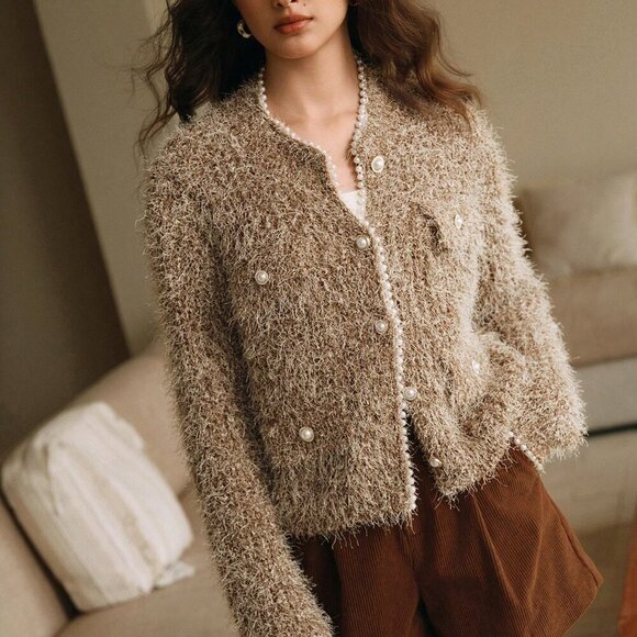 Brown Casual Women's Round Neck Pearl Chain Decoration Fuzzy Knit Cardigan - Picture 5 of 7
